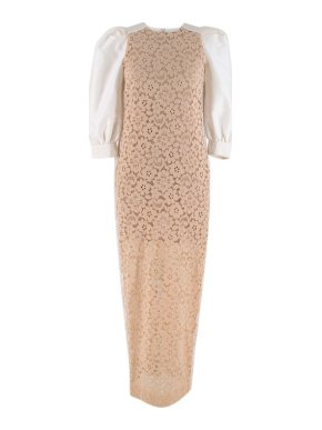 Alessandra Rich Nude Floral Lace Dress w/ Puff Sleeves