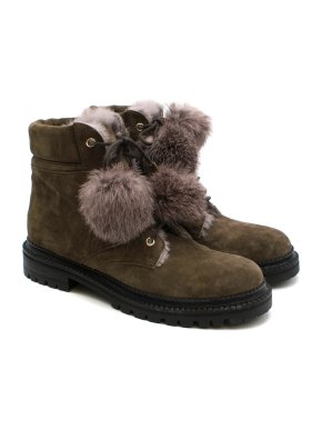 Jimmy Choo Elba Flat Mink Suede Boots With Fur Pom Pom