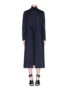 Dries Van Noten Blue Rianka Long Satin Shawl Collar Wool Coat