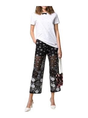 Self Portrait Floral Sequin Embellished Cropped Semi-Sheer Trousers