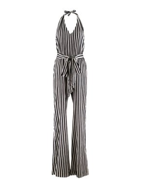 Lelloue Black & White Striped Silk Blend Halterneck Jumpsuit