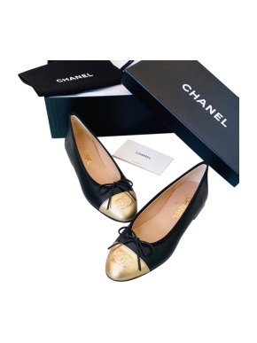 Chanel Black & Gold Leather Ballerina Flats