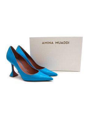 Amina Muaddi Clessidra Pump Heel in Nappa Blue