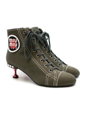Miu Miu Club Cotton-Canvas Khaki Kitten Heel Booties