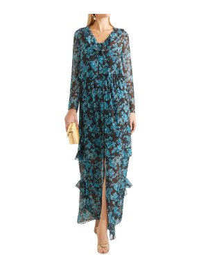 Saloni Blue Izzie Silk Chiffon Ruffled Dress