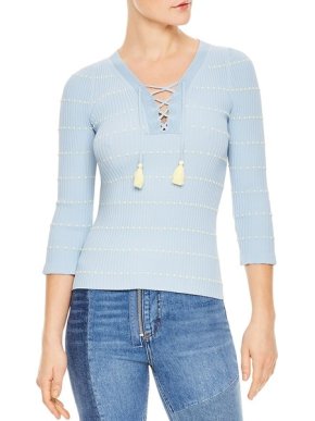Sandro Ribbed Knit Blue Lace-Up Top