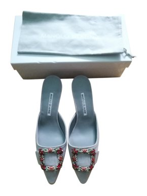 Manolo Blahnik Grey Maysale Crystal Buckle Mules