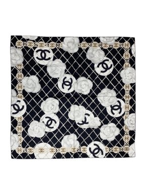 Chanel Black & White Silk Camellia Print Scarf