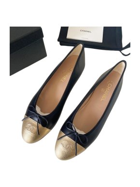 Chanel Black & Gold Leather Ballerina Flats