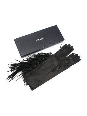 Prada Black Leather Gloves with Fringe Trim