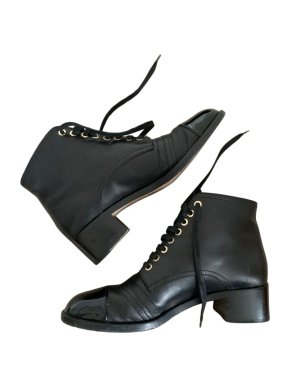 Chanel Black Leather Lace-Up Ankle Boots with Patent Toe