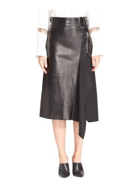 3.1 Phillip Lim Leather Contrast Asymmetrical Wool Twill Skirt
