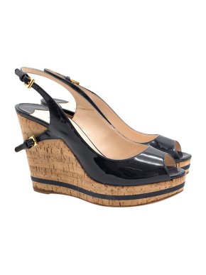 Prada black patent cork wedges