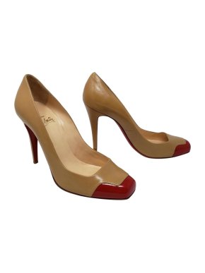 Christian Louboutin red toes tan pumps