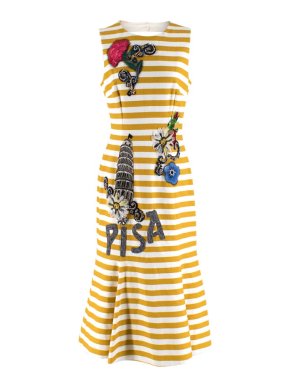 Dolce & Gabbana Yellow & White Striped Embellished Pisa Midi Dress