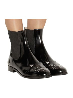 Charlotte Olympia black patent Kitty Chelsea boots