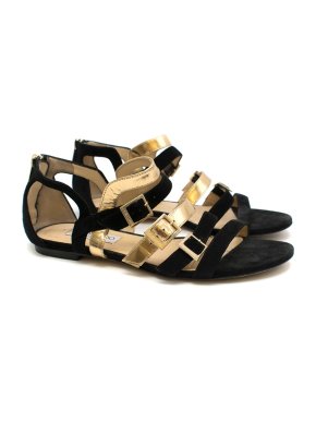Jimmy Choo Black and Gold Suede Bloom Buckle Sandals