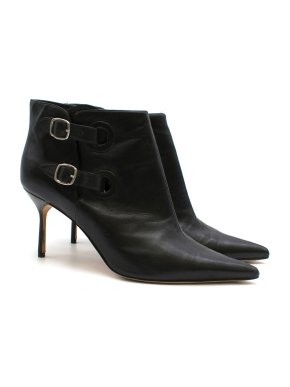 Manolo Blahnik Black Leather Double Buckle Ankle Boots