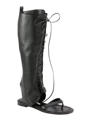 Manolo Blahnik Black Leather Vestalapla Laceup Sandals