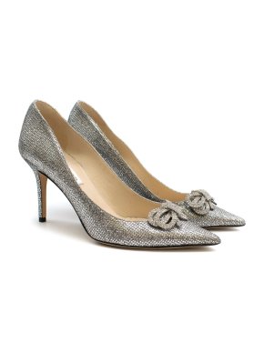 Jimmy Choo Silver Samba Glitter Bow Pumps