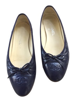 Chanel Navy Aged Leather Ballerina Flats