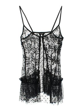 Chanel Black Polka Dot Tulle & Floral Lace Cami Top