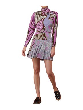 Miu Miu Purple Peacock Print Pleated Dress