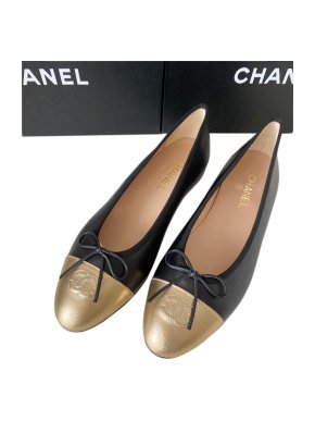 Chanel Black & Gold Calfskin Ballerina Flats