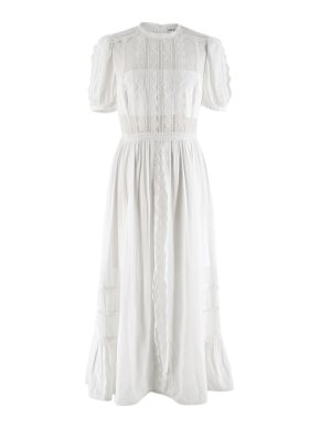 Self Portrait White Cotton Blend Maxi Dress with Lace Trim