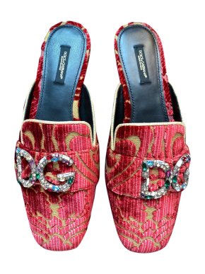 Dolce & Gabbana Red Jacquard Crystal DG Slippers