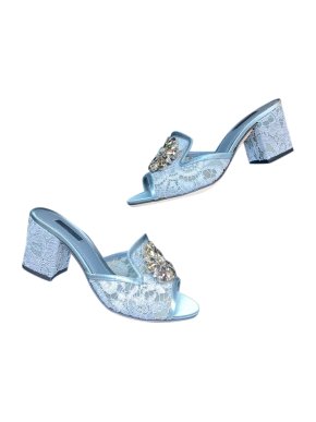 Dolce & Gabbana Crystal Embellished Blue Lace Mules