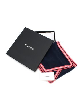 Chanel Silk & Wool Navy Scarf with Neon Trim