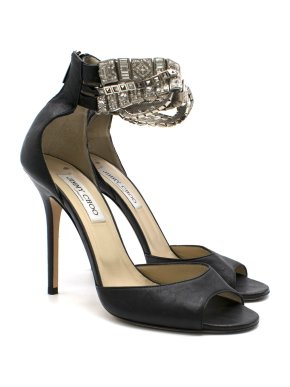 Jimmy Choo Black Leather Peep-Toe Pump with Crystal Strap