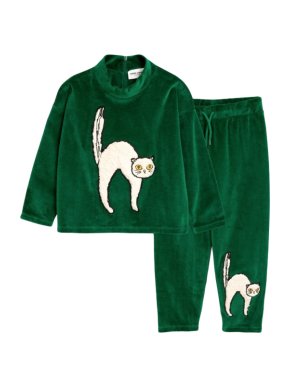Mini Rodini Green Cat Patch Velour Set