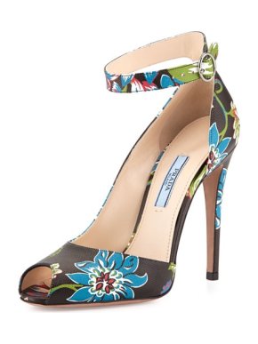 Prada Floral-Print Ankle-Wrap Pump