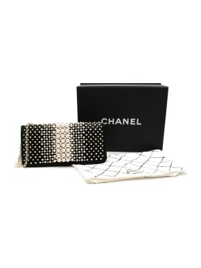 Chanel Black Satin Faux Pearl Embellished Shoulder Bag
