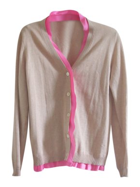 Miu Miu Beige Cardigan with Neon Pink Trim