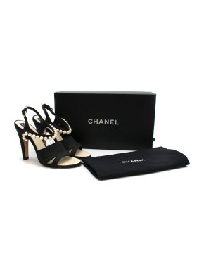 Chanel Black Suede Pearl Embellished Slingback Sandals