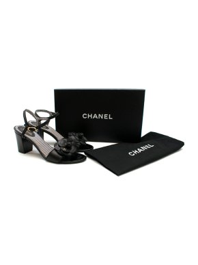 Chanel Black Leather Camellia Block Heel Sandals