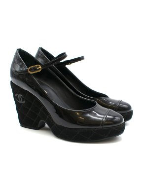 Chanel Black Patent Mary Jane Suede Wedge Sandals
