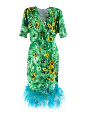 Prada Floral Silk-Crepe Midi Dress with Feathered Trim