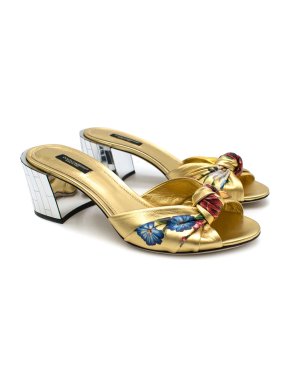 Dolce & Gabbana Gold Floral Knotted Sandals with Mirrored Block Heel