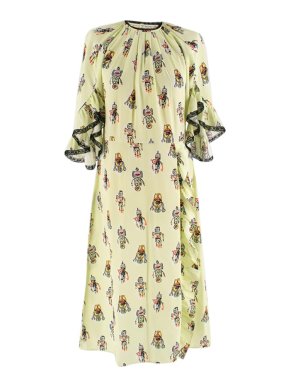 Prada Lime Green Robot Print Ruffle Trim Dress