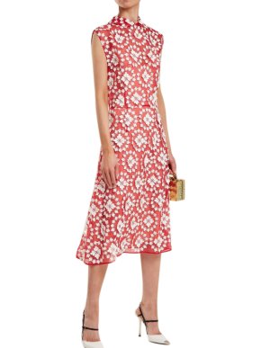 Miu Miu Red & White Floral Embroidered Sheer Dress