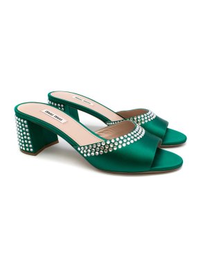 Miu Miu Green Satin Crystal Mules