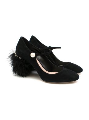 Miu Miu Black Feather Heeled Mary Jane Sandals