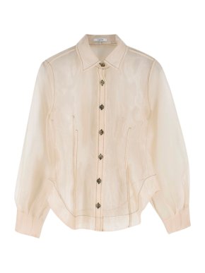 Ganni Nude Sheer Mesh Button Up Shirt