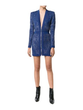 Balmain Blue Floral Stretch Knit Zip Front Dress