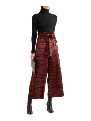 Ganni Maroon Iona Printed Silk Satin Wide-Leg Trousers