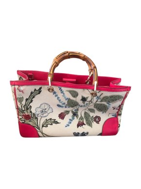 Gucci Pink Bamboo Shopper Canvas Floral Tote
